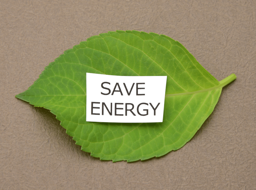 grünes Buchenblatt auf dem ein Zettel mit der Aufschrift "SAVE ENERGY" liegt.