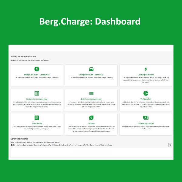 Einblick in Berg.Charge: Ansicht Dashboard Berichte