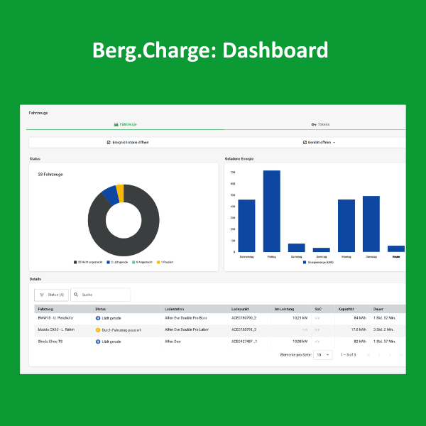 Einblick in Berg.Charge: Ansicht Dashboard Fahrzeuge