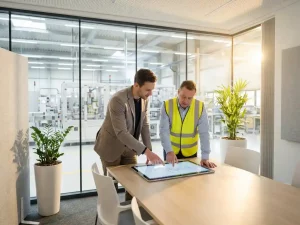 Unternehmensberater und Werksleiter analysieren gemeinsam ein Tablet in einem modernen Besprechungsraum neben einer Produktionshalle.