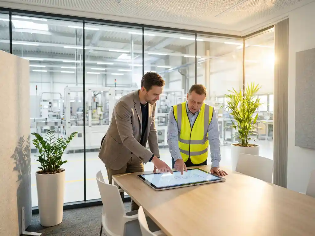 Unternehmensberater und Werksleiter analysieren gemeinsam ein Tablet in einem modernen Besprechungsraum neben einer Produktionshalle.