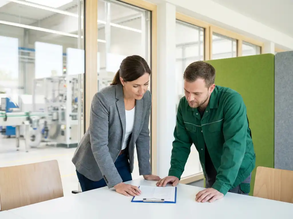 Berater und Anlagentechniker besprechen strukturierte Checklisten auf Klemmbrett in hellem Besprechungsraum neben Produktionshalle.