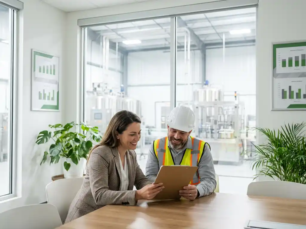 Unternehmensberater und Werksleiter prüfen gemeinsam ein Klemmbrett in hellem Besprechungsraum neben moderner Produktionshalle.
