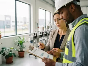 Berater und Werksleiter prüfen Compliance-Dokumente auf Klemmbrett in moderner, heller Produktionshalle mit Maschinen im Hintergrund.
