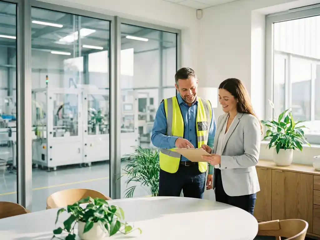 Unternehmensberater und Werksleiter prüfen gemeinsam ein Klemmbrett in hellem Besprechungsraum neben moderner Produktionshalle.