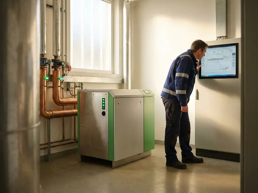 Techniker beobachtet digitales Steuerungspanel einer Kraft-Wärme-Kopplungsanlage in hellem Technikraum mit Dampfrohren und grünen Kontrollleuchten.