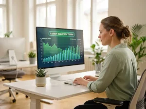 Energiemanager analysiert CO₂-Emissionstrends auf Monitor mit grünen und blauen Diagrammen in hellem Büro mit Tageslicht.