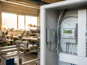 Digitaler Energiezähler mit IoT-Sensor im weißen Schaltschrank, grüne LED-Anzeigen, ordentlich verlegte Datenkabel, heller Industriehintergrund.