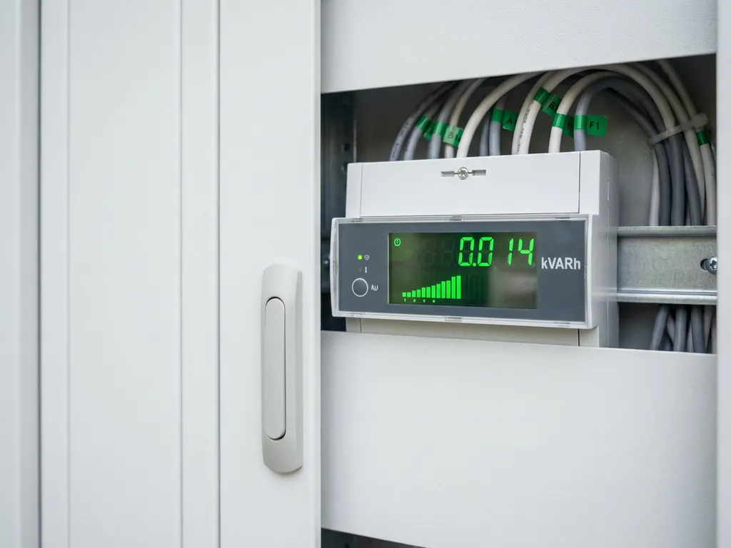 Digitaler Energiezähler mit grünen LED-Anzeigen für Blindleistung in weißem Schaltschrank bei Tageslicht.