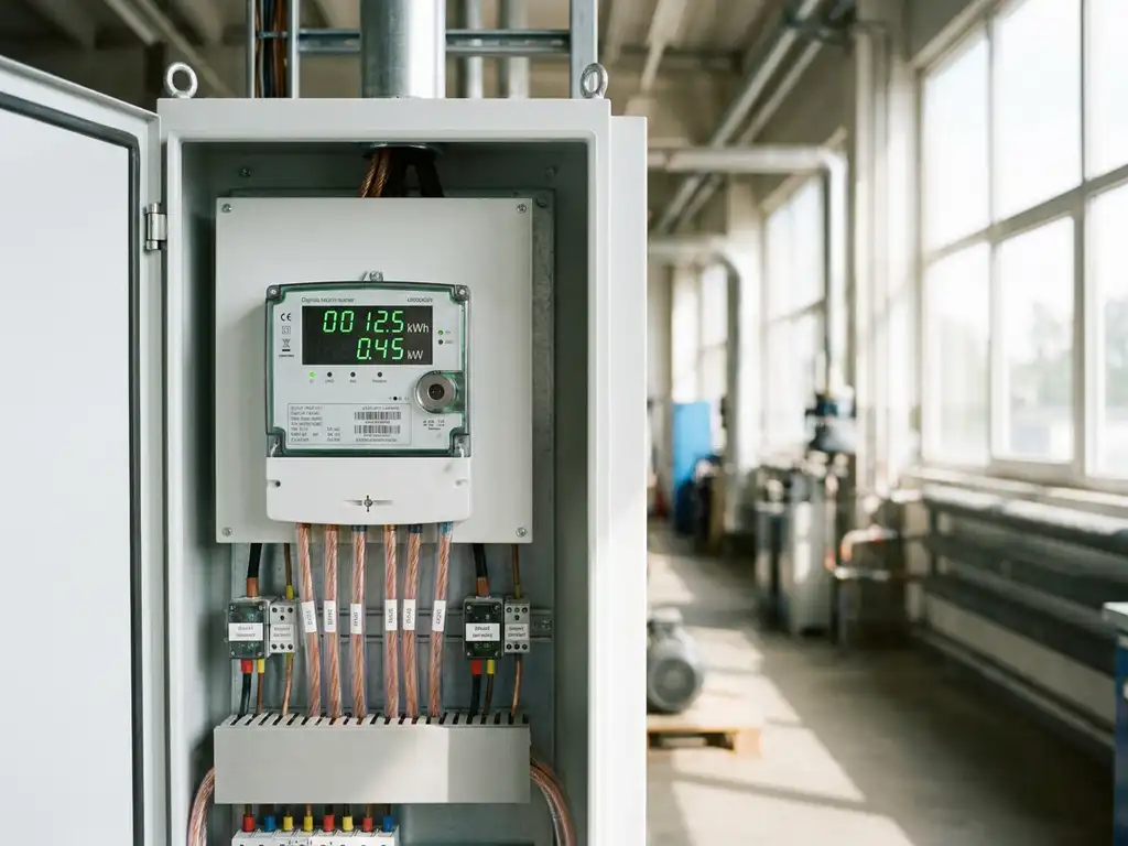 Digitaler Energiezähler mit grünem LED-Display in weißem Schaltschrank, Kupferkabel an Smart-Sensoren, natürliches Tageslicht.