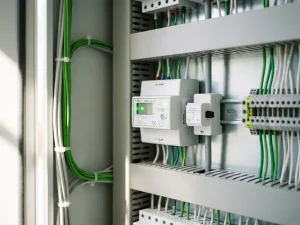 Digitaler Energiezähler mit Stromsensor im Schaltschrank, grüne LED-Anzeigen leuchtend, saubere Kabelführung sichtbar.