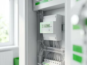Weißes digitales Smart Meter mit grünem LED-Display in einem ordentlichen Elektroschrank bei Tageslicht.