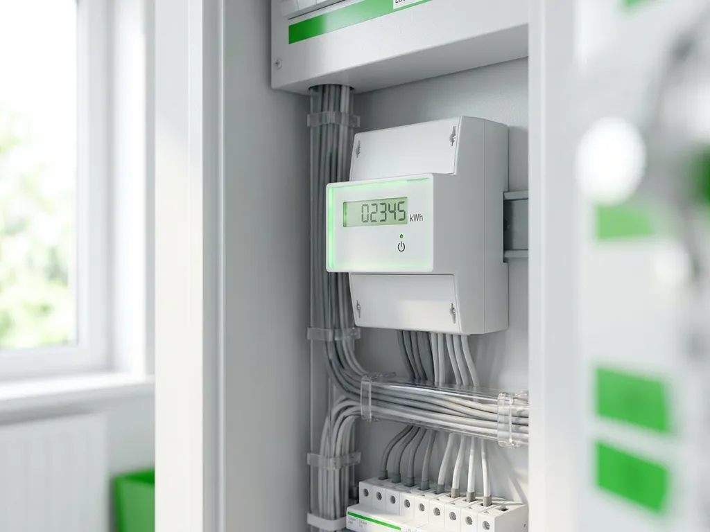 Weißes digitales Smart Meter mit grünem LED-Display in einem ordentlichen Elektroschrank bei Tageslicht.