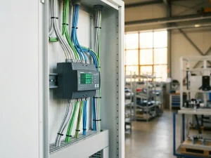 Digitaler Subzähler in weißem Schaltschrank mit verzweigten Kabeln und grünen LED-Anzeigen im industriellen Umfeld.