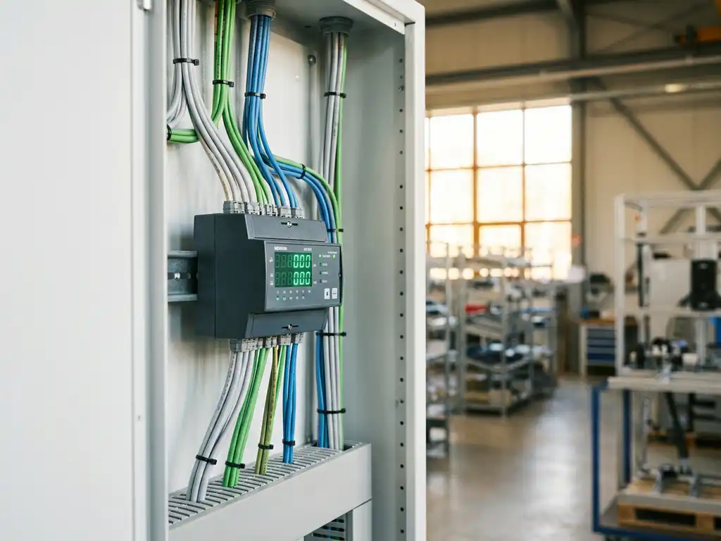 Digitaler Subzähler in weißem Schaltschrank mit verzweigten Kabeln und grünen LED-Anzeigen im industriellen Umfeld.