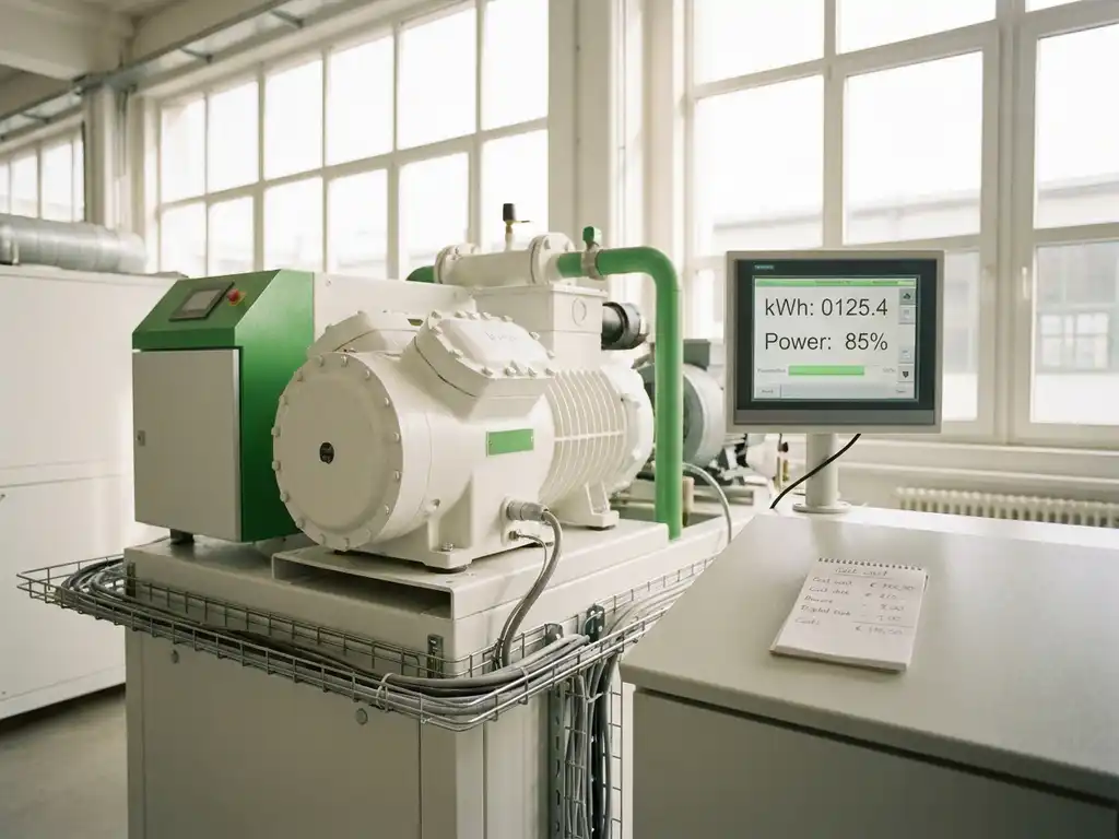 Industriekompressor mit digitalem Energiezähler und Kostennotizbuch in moderner, heller Produktionshalle.