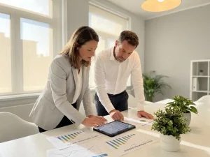 Energiemanager und Berater prüfen gemeinsam Audit-Checklisten auf einem Tablet, Energieverbrauchsdiagramme auf hellem Konferenztisch.