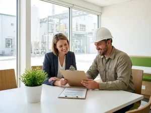Berater und Anlagentechniker prüfen gemeinsam eine Energieaudit-Checkliste auf einem Klemmbrett in einem modernen Besprechungsraum.