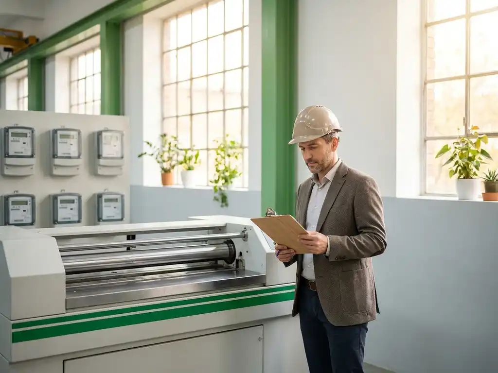 Energieberater prüft Checkliste auf Klemmbrett neben stillstehender Industriemaschine in heller Produktionshalle mit sichtbaren Energiezählern.