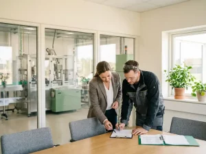 Energieberater und Anlagentechniker prüfen gemeinsam eine Checkliste auf einem Klemmbrett in modernem Besprechungsraum.