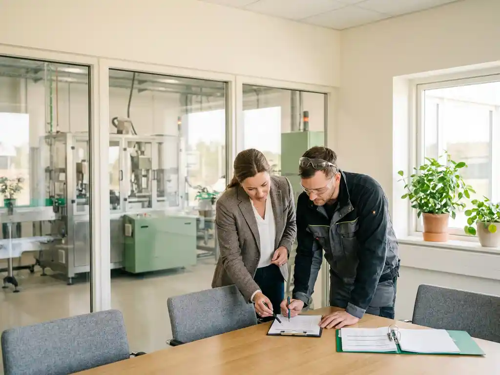 Energieberater und Anlagentechniker prüfen gemeinsam eine Checkliste auf einem Klemmbrett in modernem Besprechungsraum.