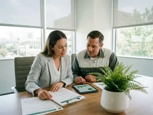 Berater und Techniker prüfen gemeinsam Compliance-Checklisten am Konferenztisch mit Tablet und Energieverbrauchsdiagrammen in modernem Besprechungsraum.