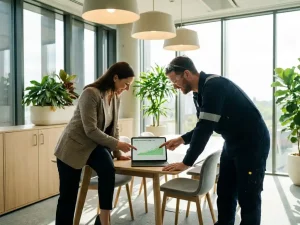 Energieberater und Anlagentechniker analysieren gemeinsam steigende Energieeffizienz-Kurven auf einem Tablet im Besprechungsraum.