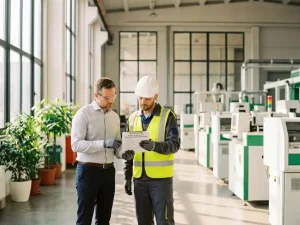Energieberater und Anlagentechniker prüfen gemeinsam Audit-Checkliste in moderner Produktionshalle mit Tageslicht.