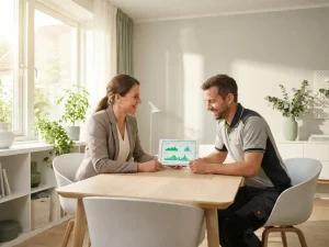 Berater und Techniker prüfen gemeinsam Energieverbrauchsdiagramme auf einem Tablet in einem hellen Besprechungsraum.