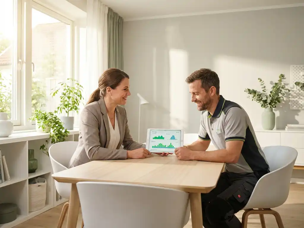 Berater und Techniker prüfen gemeinsam Energieverbrauchsdiagramme auf einem Tablet in einem hellen Besprechungsraum.