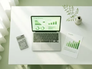 Draufsicht auf weißen Schreibtisch mit Laptop, Energieeffizienz-Diagrammen, Taschenrechner, Balkendiagramm und grünem Pflanzenzweig.