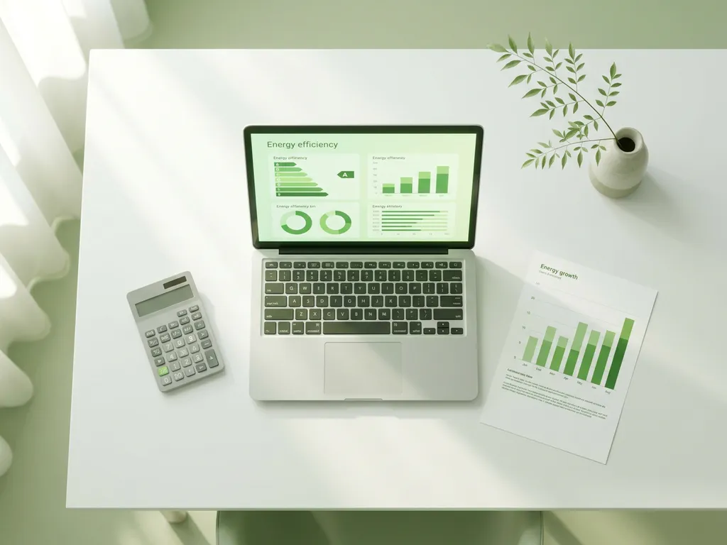 Draufsicht auf weißen Schreibtisch mit Laptop, Energieeffizienz-Diagrammen, Taschenrechner, Balkendiagramm und grünem Pflanzenzweig.