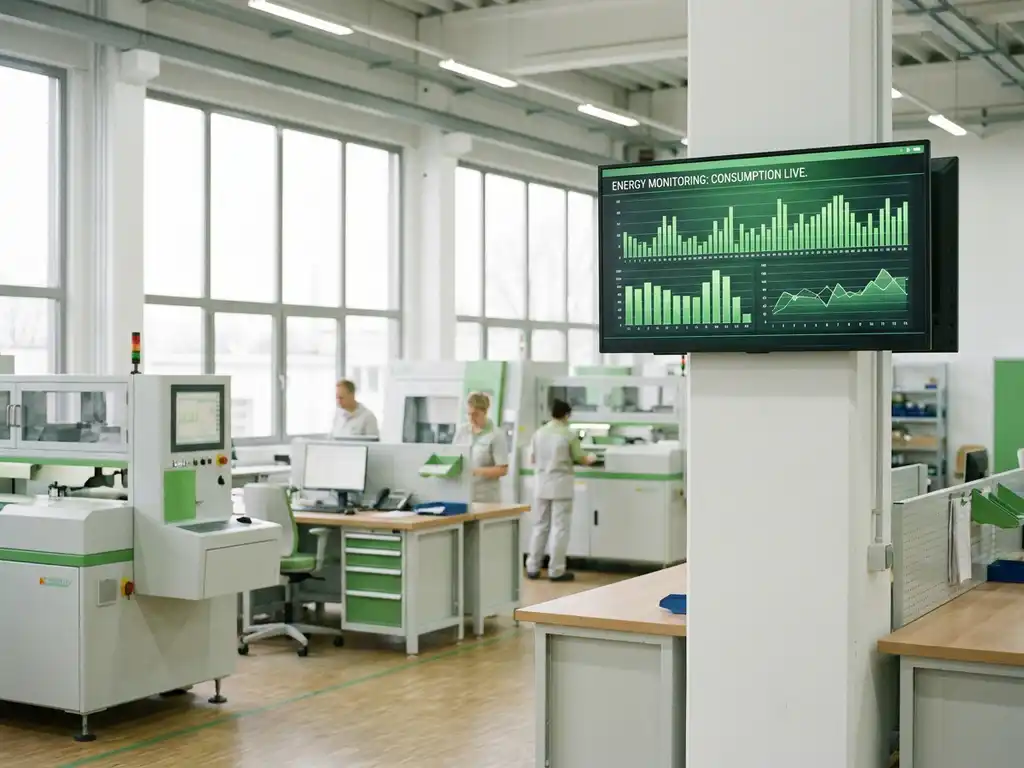 Moderner Produktionssaal mit Energiemonitor-Display, das grüne Verbrauchsgrafiken zeigt, natürliches Tageslicht durch große Fenster.
