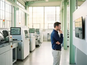 Ingenieur überprüft digitale Energieverbrauchsanzeigen in moderner, lichtdurchfluteter Produktionshalle mit grünen Effizienzgraphen.