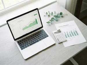 Moderner Schreibtisch-Flatlay mit Laptop, Taschenrechner und Balkendiagramm zu Energiekosten, grüner Pflanzenzweig als Akzent.