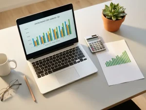 Schreibtisch-Flatlay mit aufgeklapptem Laptop, Energiekosten-Diagrammen, Taschenrechner, Balkendiagramm und kleinem Sukkulenten.