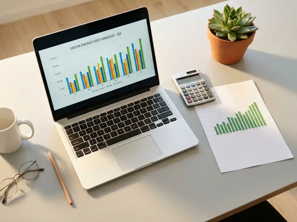 Schreibtisch-Flatlay mit aufgeklapptem Laptop, Energiekosten-Diagrammen, Taschenrechner, Balkendiagramm und kleinem Sukkulenten.
