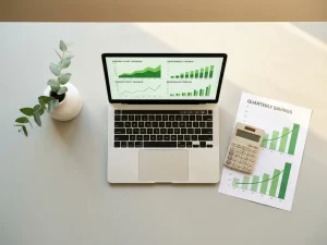 Draufsicht auf weißen Schreibtisch mit Laptop, Energiekostendiagrammen, Taschenrechner, Balkendiagramm und grünem Pflanzenzweig.
