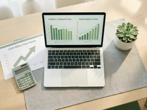 Schreibtisch-Flatlay mit Laptop, Energieverbrauchsgrafiken, Taschenrechner, Kostensenkungsdiagramm und kleinem Sukkulenten in Salbeigrün und Weiß.