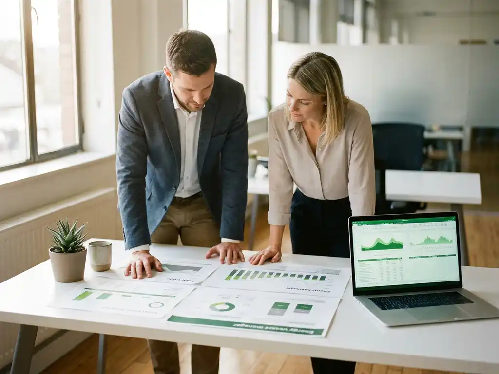 Energiemanager und Berater analysieren Energieverbrauchsdiagramme und Kostencharts an einem modernen Büroschreibtisch.