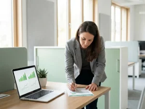 Energiemanager prüft Energiebericht am Schreibtisch mit Laptop und grünen Verbrauchsdiagrammen im modernen Büro.