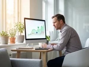 Energiemanager Mitte 40 analysiert Diagramme zum Energieverbrauch auf einem Monitor im modernen Büro bei Tageslicht.