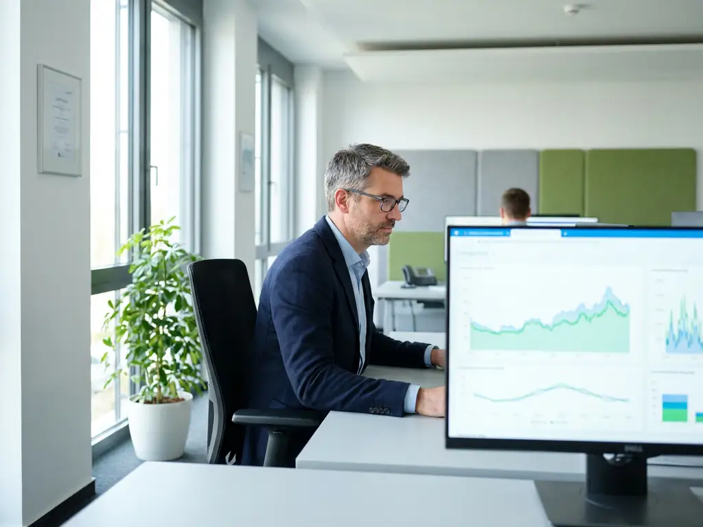 Energiemanager analysiert Verbrauchskurven auf Monitor, modernes deutsches Büro mit Tageslicht, professionelle Arbeitsatmosphäre.
