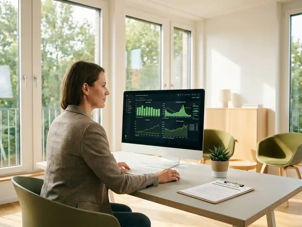 Energiemanager analysiert grüne Verbrauchsgrafiken auf Monitor, daneben Compliance-Checkliste und Topfpflanze, modernes Büro mit Tageslicht.