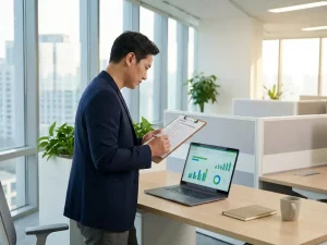 Energiemanager in den 40ern prüft Checkliste auf Klemmbrett neben Laptop mit grünen Verbrauchsdiagrammen im modernen Büro.