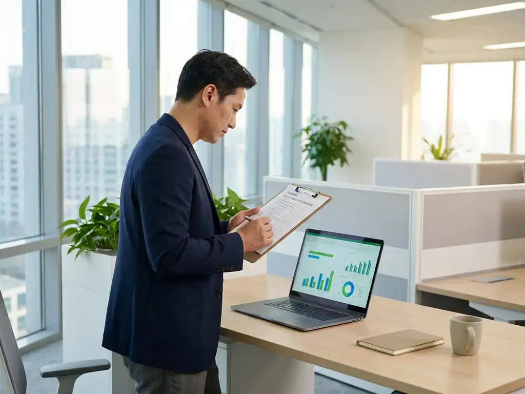 Energiemanager in den 40ern prüft Checkliste auf Klemmbrett neben Laptop mit grünen Verbrauchsdiagrammen im modernen Büro.