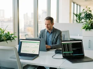 Energiemanager vergleicht Cloud-Dashboard und lokalen Server auf zwei Laptops in modernem Büro mit Tageslicht.