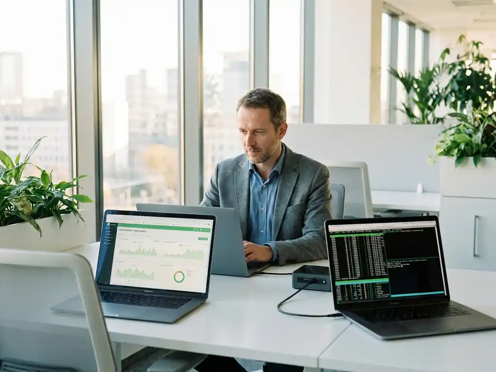 Energiemanager vergleicht Cloud-Dashboard und lokalen Server auf zwei Laptops in modernem Büro mit Tageslicht.