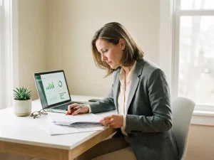 Energiemanager prüft Compliance-Dokumente am aufgeräumten Schreibtisch mit Laptop, der grüne Verbrauchsdiagramme zeigt, bei natürlichem Tageslicht.