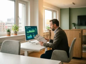 Energiemanager prüft Compliance-Dokumente auf Klemmbrett neben leuchtendem Energie-Monitoring-Dashboard im modernen deutschen Büro.